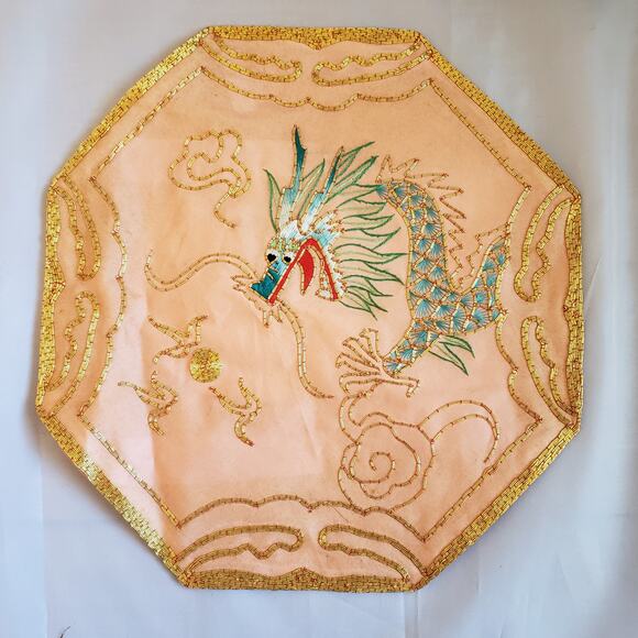 unkown Other - Vintage Chinese Hand-Embroidered Octagonal Silk Mat – Orange Blue Dragon Motif
